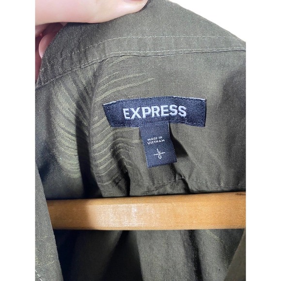 Express Large Shirt Mens Button Down Military Green Palm Leaf Print Tropical - Picture 5 of 7